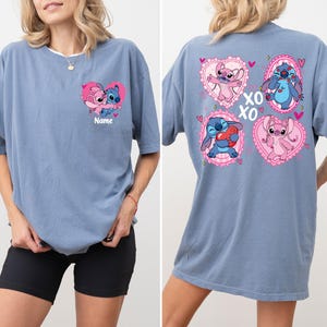 Comfort Colors® Stitch and Angel Couple Shirt, Disney Valentines Day T-Shirt, XOXO Stitch and Angel Custom Name Tees, WDW Valentines Day Tee
