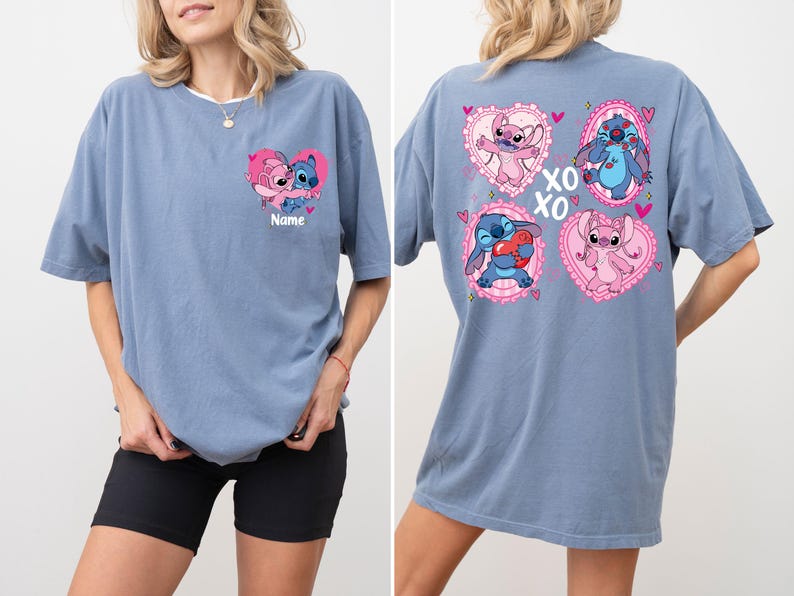 Comfort Colors® Stitch and Angel Couple Shirt, Disney Valentines Day T-Shirt, XOXO Stitch and Angel Custom Name Tees, WDW Valentines Day Tee