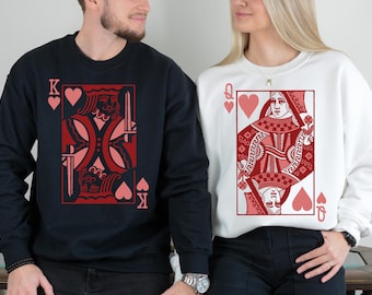 Hjärter drottning och kung tröja, spelkortsälskare luvtröja, alla hjärtans dag-tröja, alla hjärtans dag-present, matchande rundhalsduk för par
