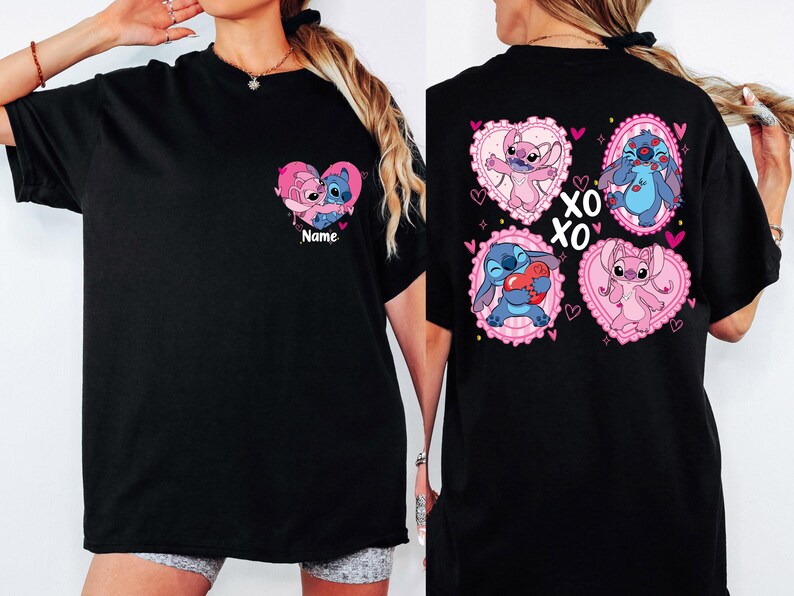 Comfort Colors® Stitch and Angel Couple Shirt, Disney Valentines Day T-Shirt, XOXO Stitch and Angel Custom Name Tees, WDW Valentines Day Tee