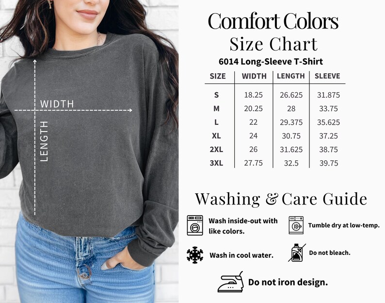 The image is a size chart for a long-sleeve t-shirt, showing the measurements for different sizes. It also includes a washing and care guide for the t-shirt, providing instructions on how to properly wash and care for the garment.