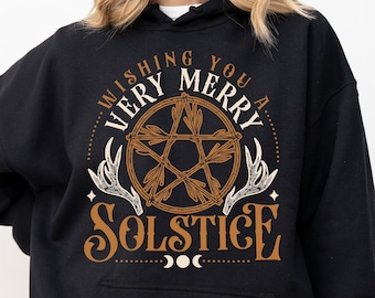 Wishing You A Very Merry Solstice Hoodie, Pagan Christmas Solstice Sweatshirt, Pentagram Winter Solstice Sweater, Witchy Friend Yule Gift