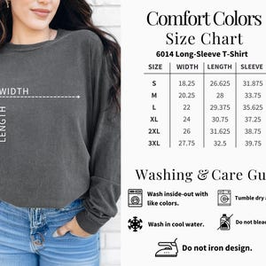 The image is a size chart for a long-sleeve t-shirt, showing the measurements for different sizes. It also includes a washing and care guide for the t-shirt, providing instructions on how to properly wash and care for the garment.