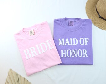 Comfort Colors® T-shirt bruid bladerdeeg, shirt bruidsmeisje reliëf, leuk bijpassend T-shirt bruidsfeest, vrijgezellenfeest ronde hals, aanstaande bruid