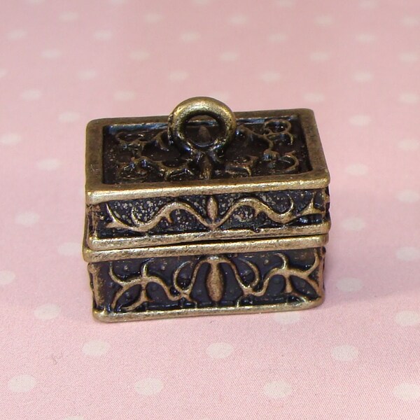 Treasure Chest Charm Locket Pendant Prayer Box Bronze Rectangular Floral Scroll Hinged Magnetic Clasp Jewelry Supplies Necklace Bracelet