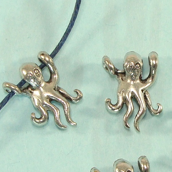 2 Octopus Charms Hanging Pendant Pewter Silver USA Made for Hemp Cord Necklace or Bracelet Octopus Slider Bead Octopi Jewelry Supplies