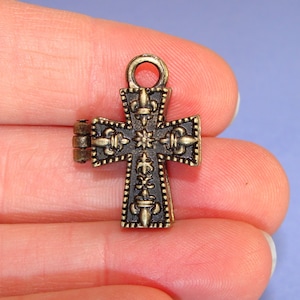 Cross Locket Charm Prayer Box Secret Keeper Bronze (BG2027B) Victorian Style Cross Pendant Hinged Jewelry Making Supplies