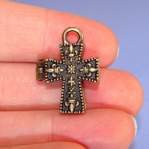 Cross Locket Charm Prayer Box Secret Keeper Bronze (BG2027B) Victorian Style Cross Pendant Hinged Magnetic Clasp Jewelry Making Supplies