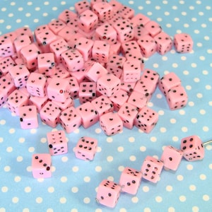 75 Pink Dice Beads 5mm Bulk Plastic Beads Black Dot Gambling Las Vegas Reno Jewelry Making Supplies Lucky Charm Corner Hole