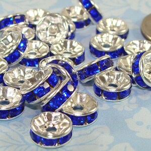 30 Blue Rhinestone Spacer Disc Beads 7mm Sapphire Blue Silver (44840) 8mm Jewelry Findings Supplies - Bracelets Earrings Necklaces Bulk