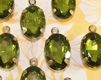 12 Olive Green Rhinestone Charms Set Stones Crystal Drops Resin 14mm x 10mm Olivine Oval Drops BRONZE Pronged Setting Jewelry Supplies Bulk