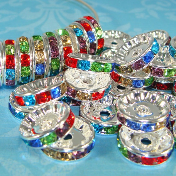 20 Rhinestone Disc Beads 12mm Silver Rondelle Multi Color Assorted Stones 20pcs (44829) Silver Spacer Bead Jewelry Supplies Bulk Beads