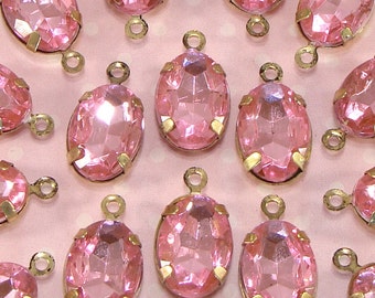 12 Pink Rhinestone Charms Resin Crystal Set Stones 14mm x 10mm Oval Drops BRONZE Pronged Setting 1-Loop Jewelry Supplies Bulk Light Pink