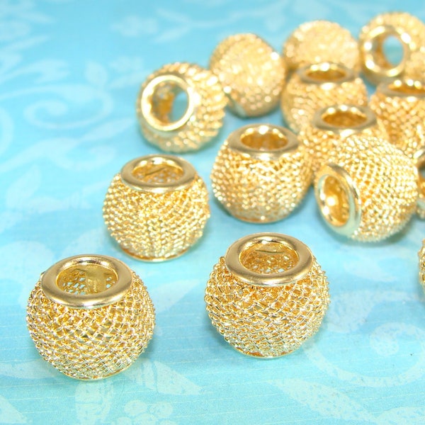 12 Gold Mesh Beads 12mm (42736) Large Hole Metal Jewelry Supplies for Bracelets Necklaces Big Hoop Earrings Lightweight Chunky Bulk Bead