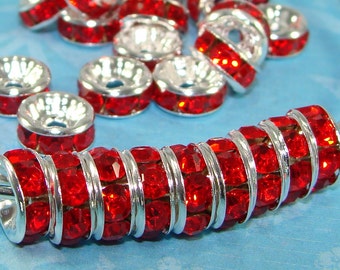 7mm rote Strass Spacer Perlen Silber Disc 30 Stück (44836) 8mm rote Kristalle Rondelle Schütt Schmuck Lieferungen Zubehör für Ohrringe Armbänder