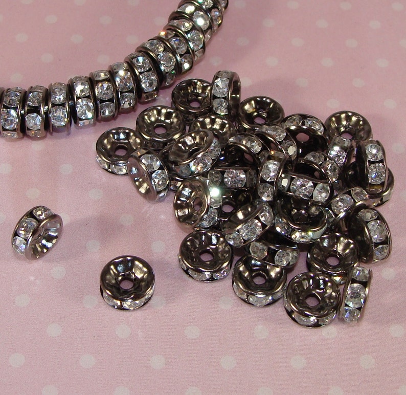 30 Gunmetal 8mm Rhinestone Spacer Beads Disc Black Rhinestone Etsy