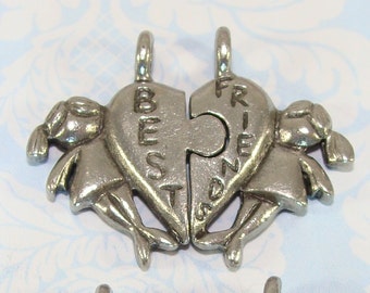 2 SETS Best Friends Charms Pewter Silver USA Made Best Girlfriend Pendants Jewelry Supplies Connected Puzzle Piece Heart Sister Buddies