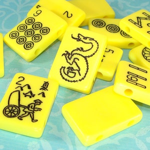 12 Mah Jong Tile Beads Yellow Plastic 2 Hole Black Print Rectangle Jewelry Supplies Bracelet Necklace Chunky Bulk Asian Tile Game 30mm 22mm image 4