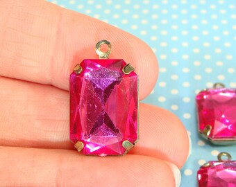 10 LARGE Fuchsia Set Stone Charms Rectangle Hot Pink Crystal Rhinestone Resin Faceted 18mm x 14mm BRONZE Pronged Setting Jewelry Supplies