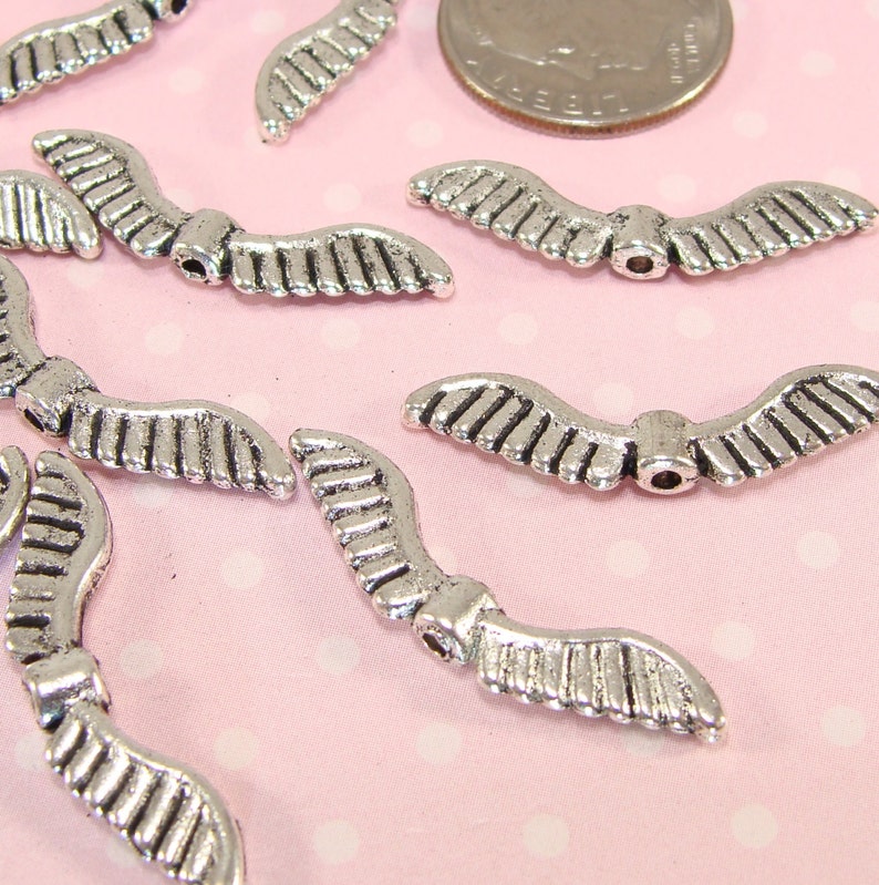 24 Angel Wing Charm Beads Pewter Silver 27mm 41109 Bulk Bird Etsy