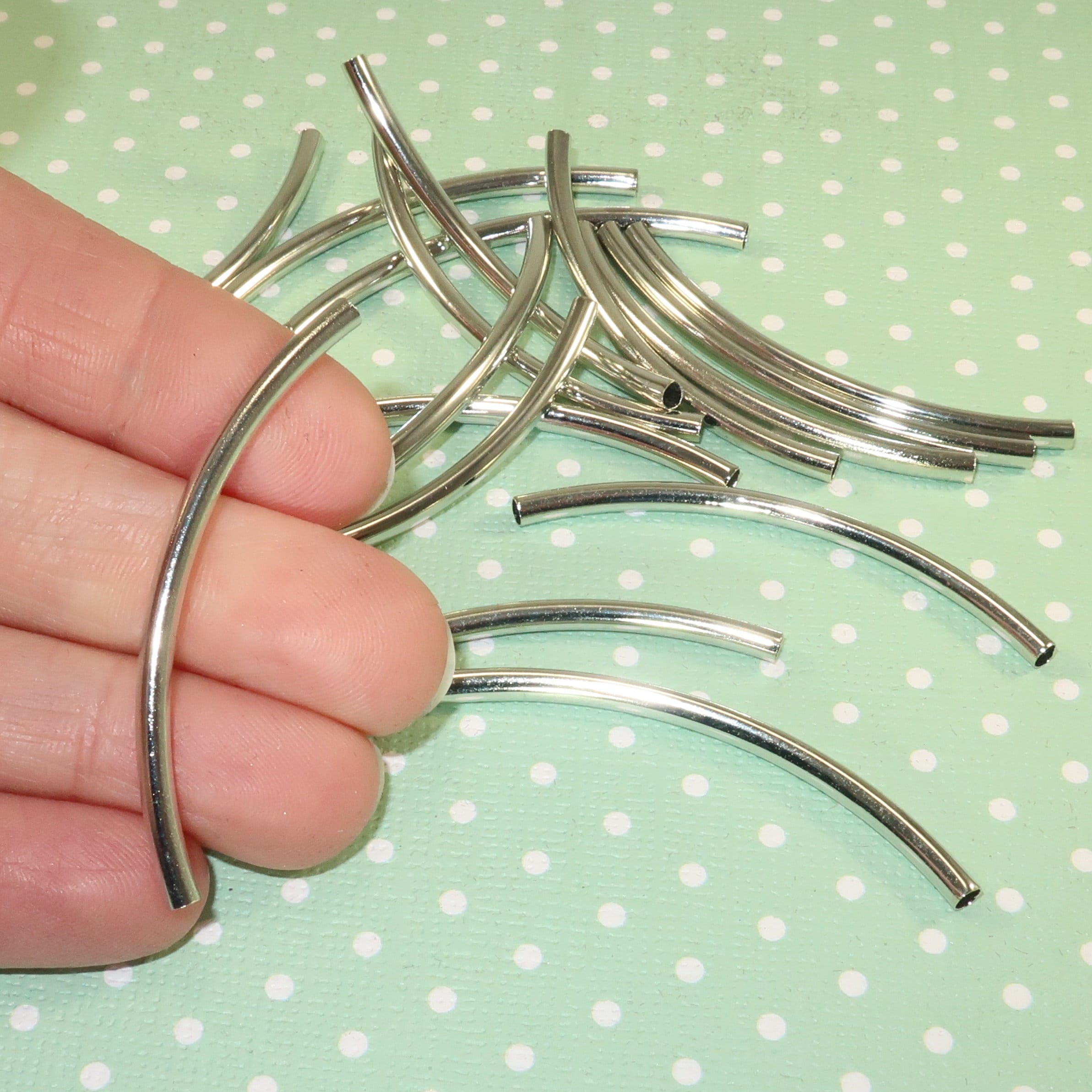 12 Long Liquid Silver Beads 50mm w 2mm Hole Curved Tube Bugle | Etsy