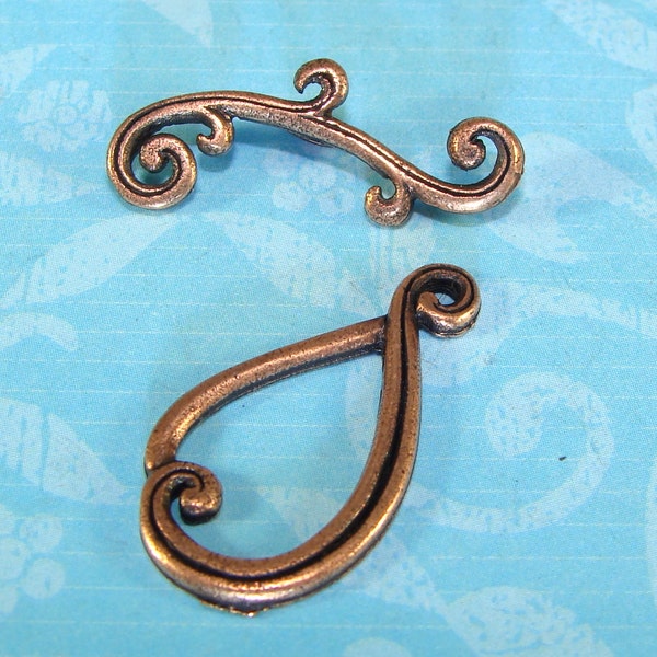 3 Teardrop Toggle Sets COPPER Plated Pewter USA Made (TD3) Ornate Swirled Scrolled 22mm Jewelry Supplies Findings Necklace Bracelet Clasp