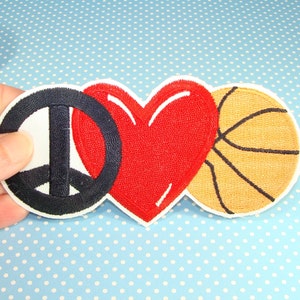 2 Basketball Patches Peace Love Heart Embroidered Patch Applique Vintage Iron On or Glue On Sports Teams Summer Camp March Madness Lover image 1