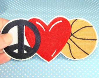 2 Basketball Patches Peace Love Heart Embroidered Patch Applique Vintage - Iron On or Glue On - Sports Teams Summer Camp March Madness Lover