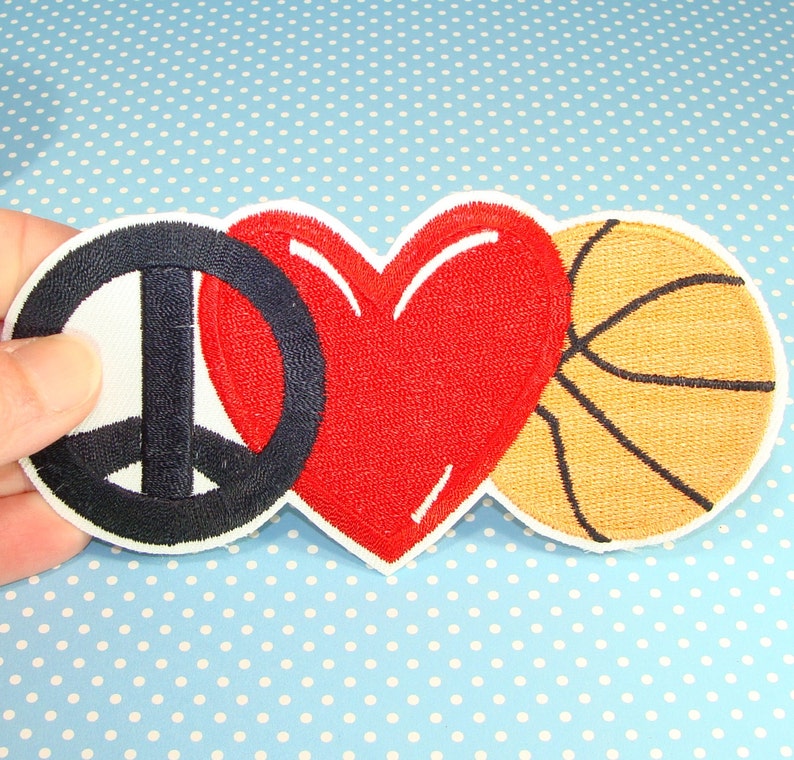 2 Basketball Patches Peace Love Heart Embroidered Patch Applique Vintage Iron On or Glue On Sports Teams Summer Camp March Madness Lover image 1