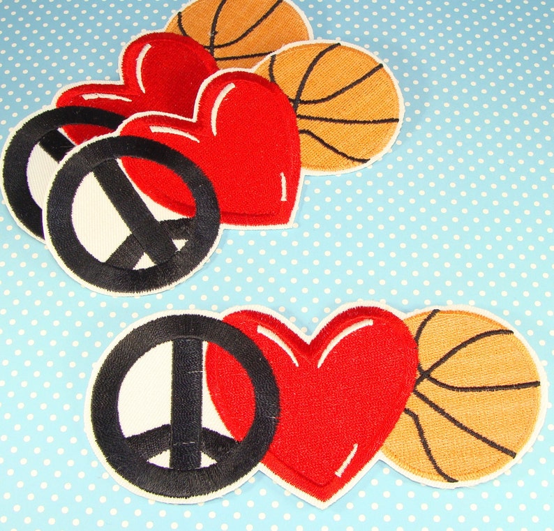 2 Basketball Patches Peace Love Heart Embroidered Patch Applique Vintage Iron On or Glue On Sports Teams Summer Camp March Madness Lover image 2