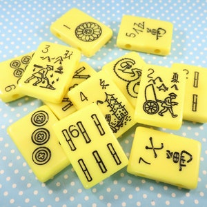 12 Mah Jong Tile Beads Yellow Plastic 2 Hole Black Print Rectangle Jewelry Supplies Bracelet Necklace Chunky Bulk Asian Tile Game 30mm 22mm