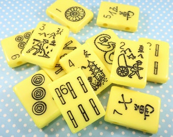 12 Mah Jong Fliesen Perlen Gelb Kunststoff 2 Loch Schwarz Print Rechteck Schmuck Zubehör Armband Halskette Chunky Schüttung asiatischen Tile Spiel 30 mm 22 mm