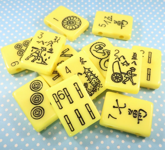 12 Mah Jong Tile Beads Yellow Plastic 2 Hole Black Print Rectangle Jewelry Supplies Bracelet Necklace Chunky Bulk Asian Tile Game 30mm 22mm