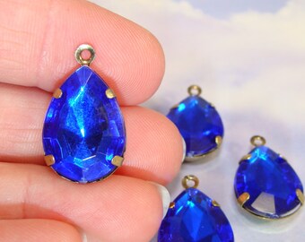 10 LARGE Teardrop Charms Sapphire Blue Rhinestone Crystal Resin Set Stones Faceted 18mm x 14mm BRONZE Pronged Setting Jewelry Supplies