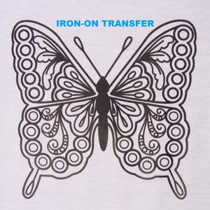 4 Butterfly TRANSFERS Iron On Heat Press DIY for T shirts Totes Adult Coloring Page Wings Zendoodle Color w Fabric Markers Gift Party Favor