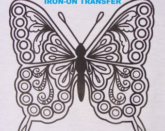 4 Schmetterling TRANSFERS Aufbügeln Transferpresse DIY für T-Shirts Taschen Erwachsene Malseite Flügel Zendoodle Farbe mit Stoffmalstiften Geschenk Party Favor