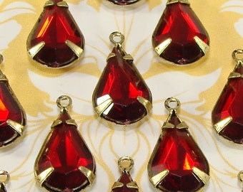 12 Red Teardrop Crystal Rhinestone Ruby Resin Set Stones Faceted Drops 13mm x 8mm BRONZE Pronged Setting Jewelry Supply Bulk Charms