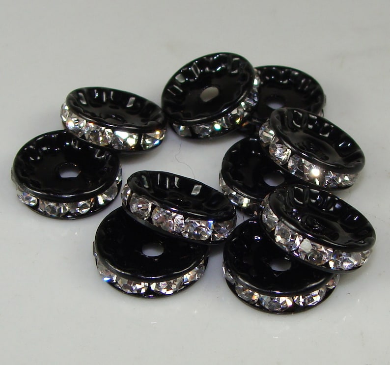 12mm Rhinestone Spacer Disc Beads Black W Crystal 20pcs Etsy