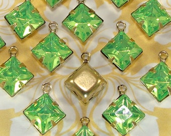 12 Peridot Crystal Rhinestone Charms Light Green Acrylic Set Stone 8mm Diamond Square Drop BRONZE Pronged Setting 1 Loop Jewelry Supply Bulk