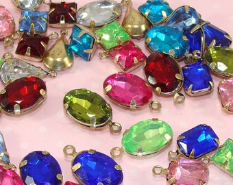 24 ASSORTED Shapes and Sizes Resin Crystal Rhinestone Charms Set Stones Drops BRONZE Pronged Setting One Loop Jewelry Supplies Bulk Beads