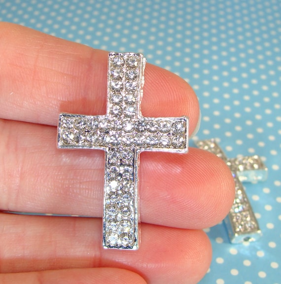 2 Crystal accented rhinestone cross connector charms