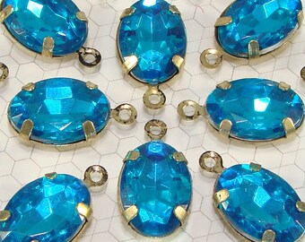 12 Turquoise Rhinestone Charms Oval Gem Drops Crystal Acrylic Set Stones 14mm x 10mm Aqua Blue BRONZE Setting Jewelry Supplies Bulk Beads
