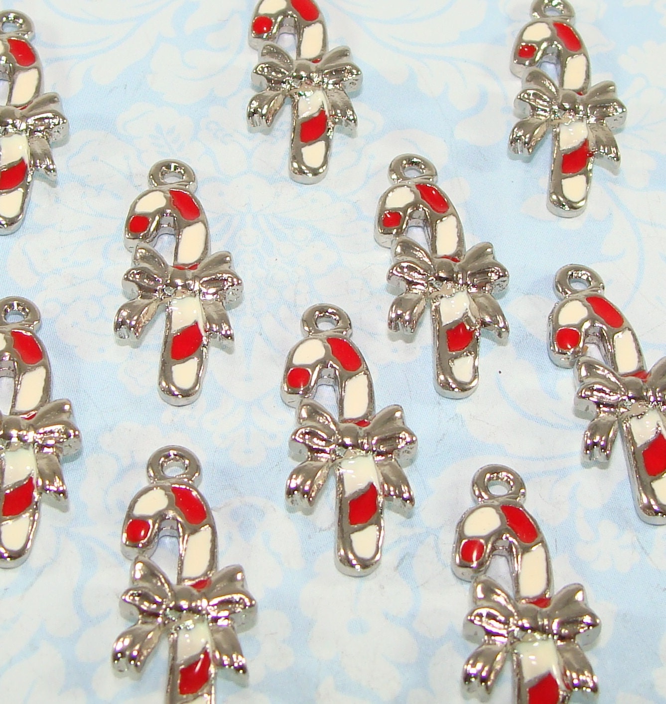 4 Candy Cane Charms Pewter Silver W Red Enamel USA Made Etsy