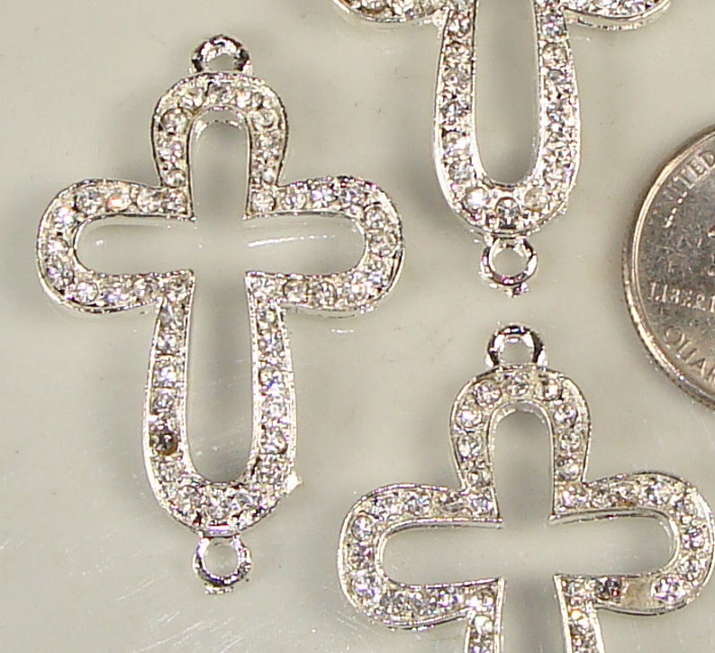 4 Rhinestone Cross Charms Silver With Crystals Sideways Crosses for ...