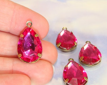 10 LARGE Teardrop Charms Fuchsia Hot Pink Crystal Rhinestone Resin Set Stones Faceted 18mm x 14mm BRONZE Pronged Setting Jewelry Supplies