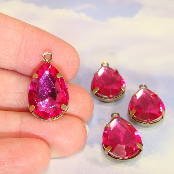 10 LARGE Teardrop Charms Fuchsia Hot Pink Crystal Rhinestone Resin Set Stones Faceted 18mm x 14mm BRONZE Pronged Setting Jewelry Supplies