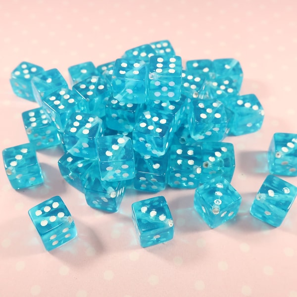 50 Translucent Blue Dice Beads 8mm Bulk Plastic Beads White Dot Gambling Las Vegas Reno Jewelry Supplies Lucky Charm Corner Hole Turquoise
