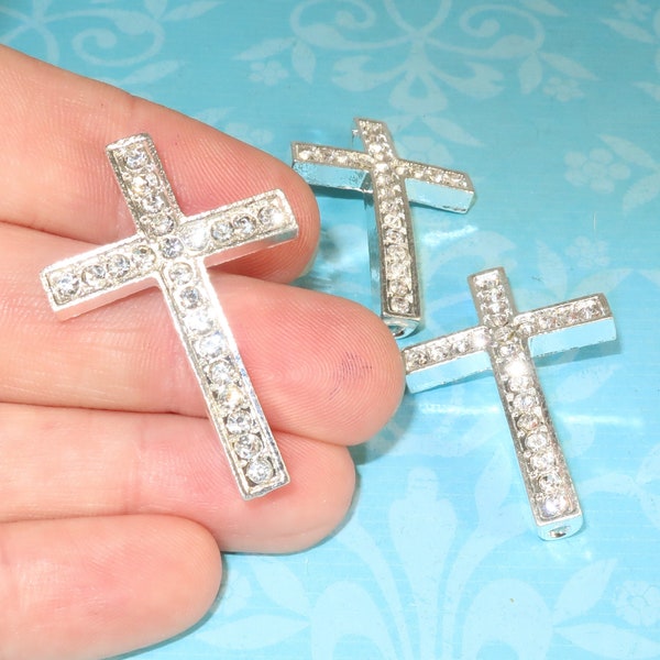 2 Rhinestone Cross Charms Silver Sideways Crosses with Crystals 36mm x 24mm Curved Bracelet Bar Pendant Christ Jewelry Supplies 42480