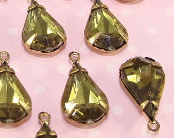 12 Teardrop Charms Olivine Crystal Rhinestone Acrylic Set Stones Faceted Olive Green Drops 13mm x 8mm BRONZE Setting Jewelry Supplies Bulk