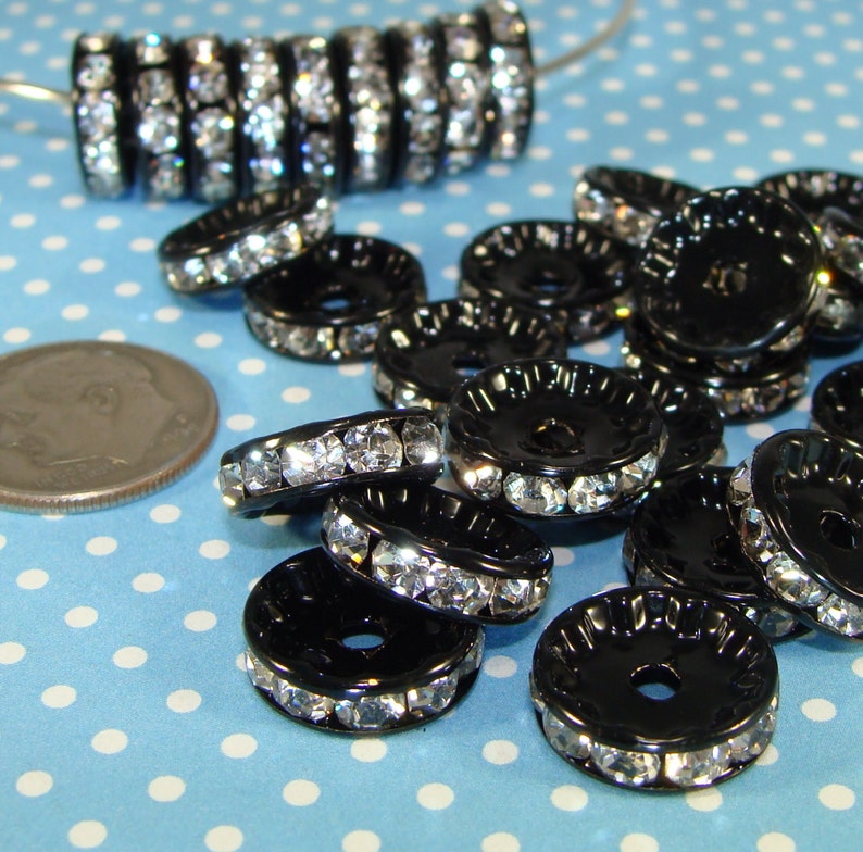 12mm Rhinestone Spacer Disc Beads Black W Crystal 20pcs Etsy